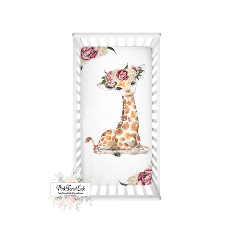 Giraffe Watercolor Baby Girl Nursery Crib Sheet Peony Peonies Bedding