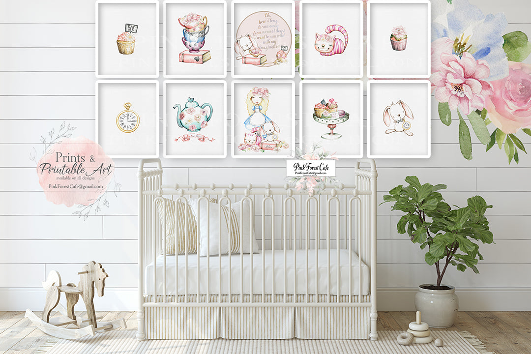 10 Alice In Wonderland Wall Art Print Rabbit Cheshire Cat Boho Tea Party Nursery Baby Girl Watercolor Room Printable Decor