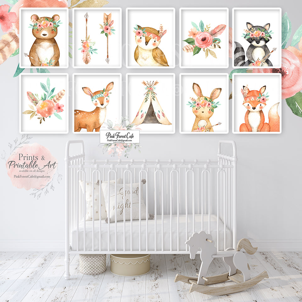 SALE 10 Boho Deer Fox Wall Art Print Woodland Nursery Baby Girl Room Set Lot Watercolor Raccoon Bear Bunny Owl Arrow Teepee Prints Printable Decor