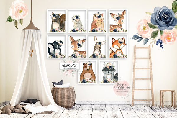 10 Bear Bunny Deer Fox Hedgehog Wall Art Print Woodland Boho Navy Blush Floral Nursery Baby Girl Room Prints Printable Decor