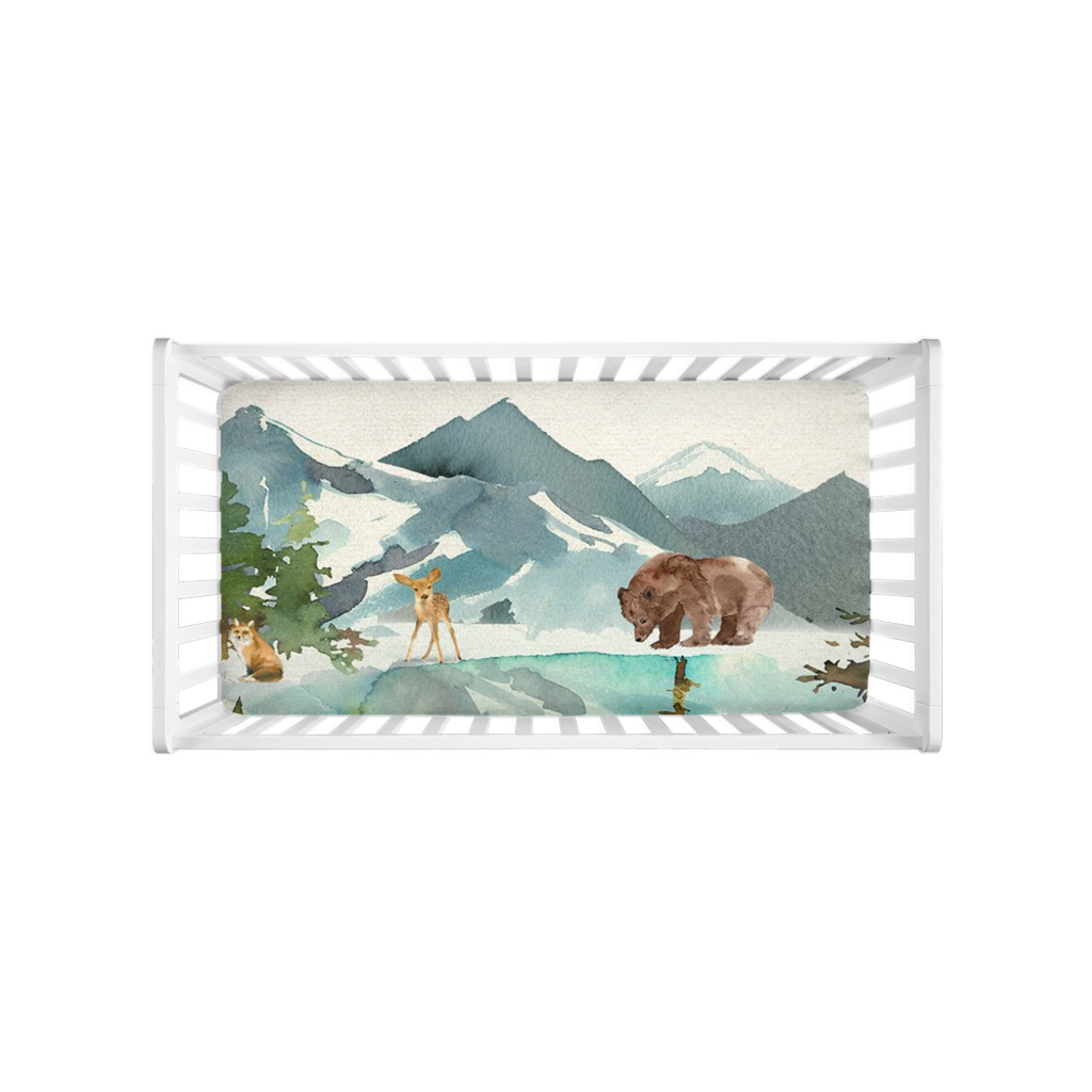 Woodland Bear Deer Baby Crib Sheet Boy Nursery Bedding Watercolor Mountains Lake Scene