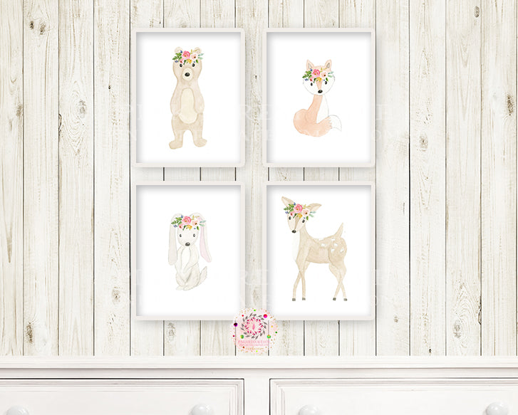 4 Woodland Boho Animals Wall Art Print Deer Bunny Fox Bear Watercolor Baby Girl Nursery Printable Decor