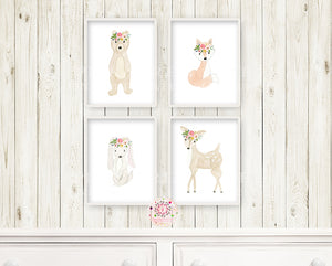 4 Woodland Boho Animals Wall Art Print Deer Bunny Fox Bear Watercolor Baby Girl Nursery Printable Decor