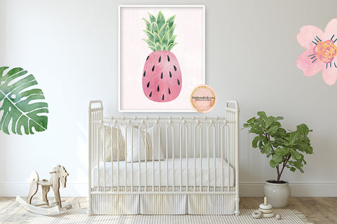 Pink Watermelon Pineapple Wall Art Print Tropical Baby Girl Nursery Ethereal Whimsical Floral Printable Decor