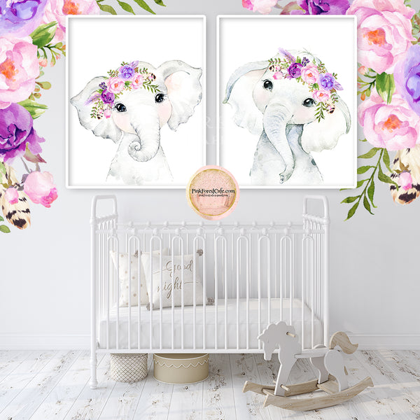 2 Boho Purple Peony Elephant Wall Art Print Feather Nursery Baby Girl ...