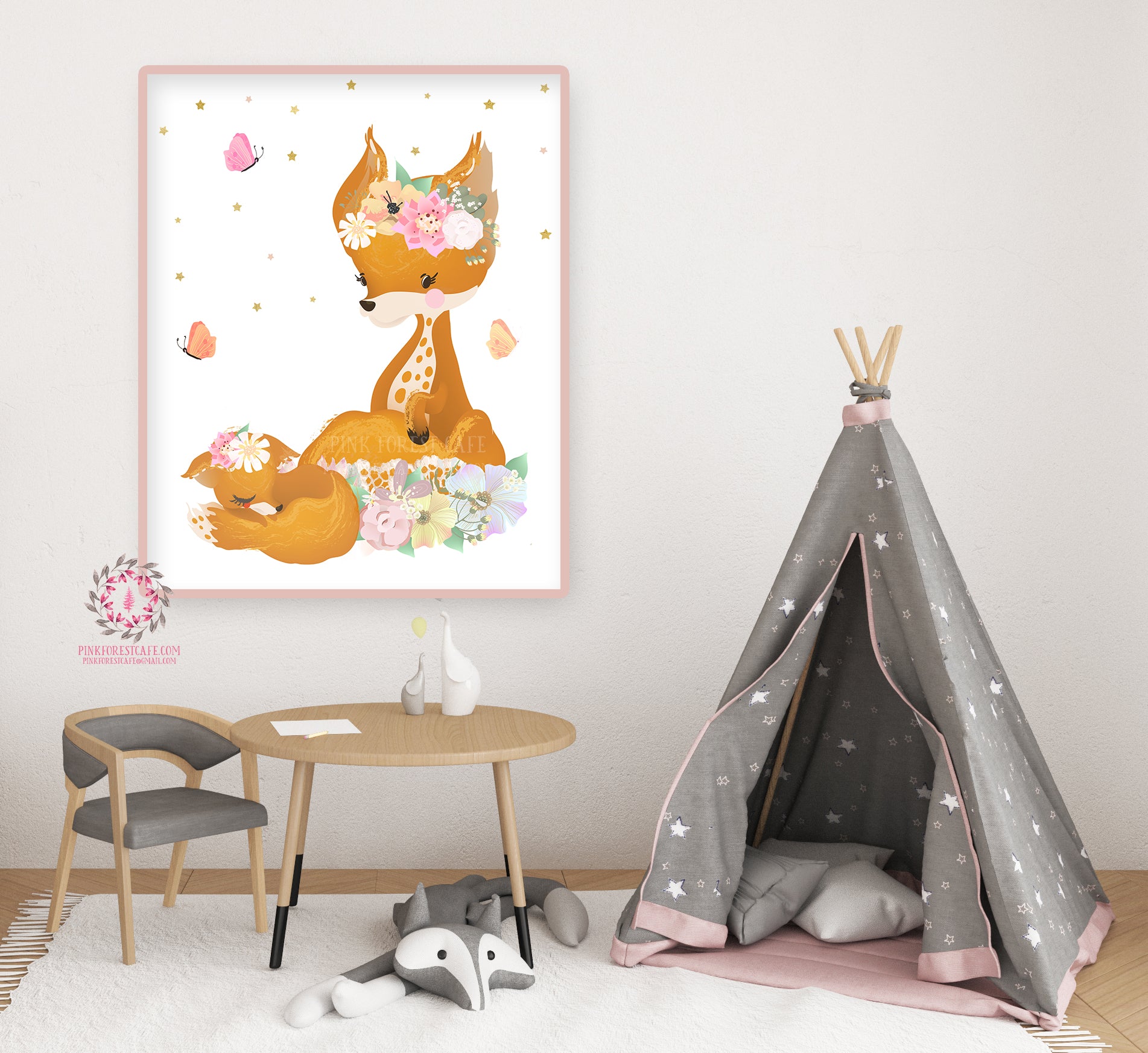 Boho Fox Baby Girl Nursery Wall Art Print Ethereal Whimsical Bohemian Floral Woodland Animal Printable Decor