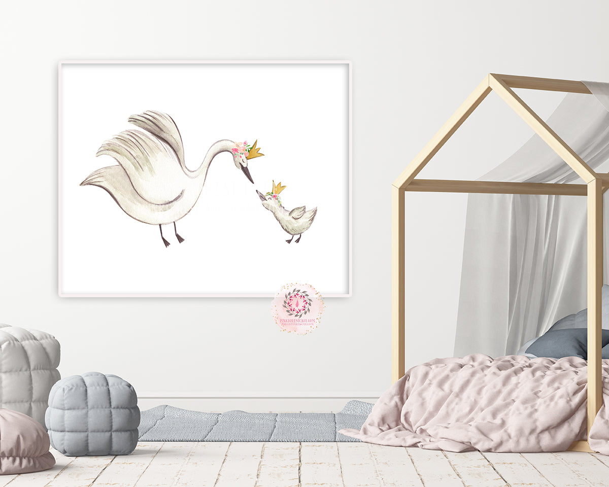 Boho Swan Baby Girl Nursery Wall Art Print Ethereal Crown Whimsical Bohemian Floral Printable Decor