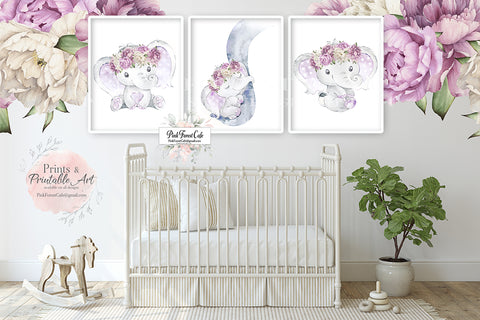 3 Blush Elephant Purple Wall Art Print Peony Rose Nursery Baby Girl Room Watercolor Peonies Zoo Animal Safari Printable Decor