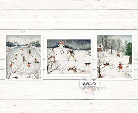 SALE 3 Folk Winter Wonderland Ice Skating Rink Wall Art Print Printable Home Decor