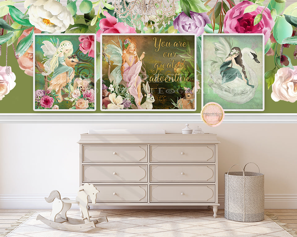 3 Fairy Print Baby Girl Nursery Wall Art Print Ethereal Enchanted Garden Fairies Swan Bird Bunny Deer Whimsical Bohemian Prints Printable Decor