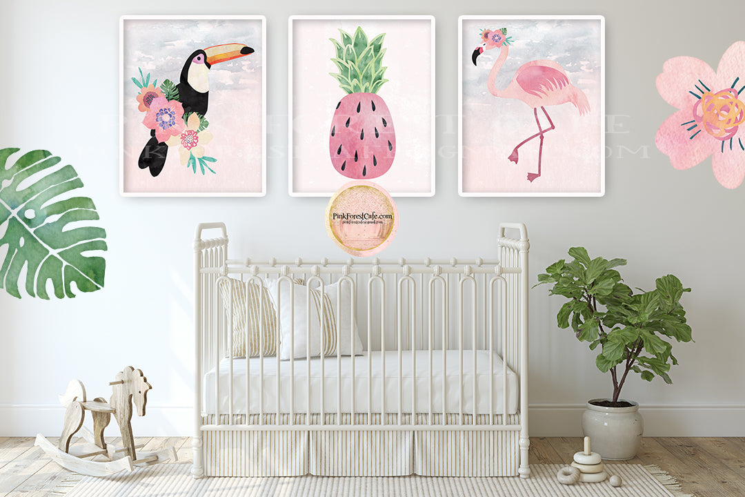 3 Pink Flamingo Toucan Pineapple Wall Art Print Tropical Baby Girl Nursery Ethereal Whimsical Floral Printable Decor