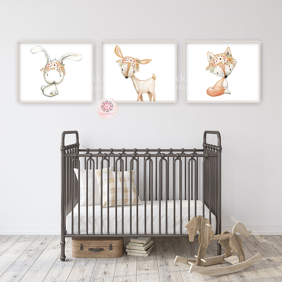 3 Bunny Deer Fox Bunny Wall Art Print Woodland Boho Bohemian Floral Nursery Baby Girl Room Lot Set 6 Prints Printable Decor