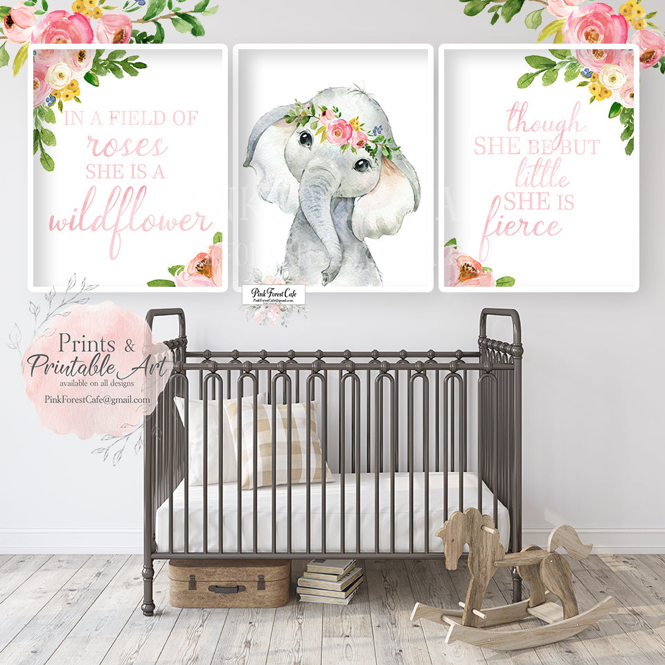 3 Boho Elephant Wall Art Print She Is Fierce Wildflower Nursery Baby Girl Room Floral Bohemian Watercolor Printable Decor