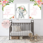 3 Boho Elephant Wall Art Print She Is Fierce Wildflower Nursery Baby Girl Room Floral Bohemian Watercolor Printable Decor