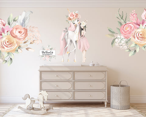 Boho Unicorn Princess Watercolor Floral Wall Decal Sticker Baby Girl Nursery Art Decor