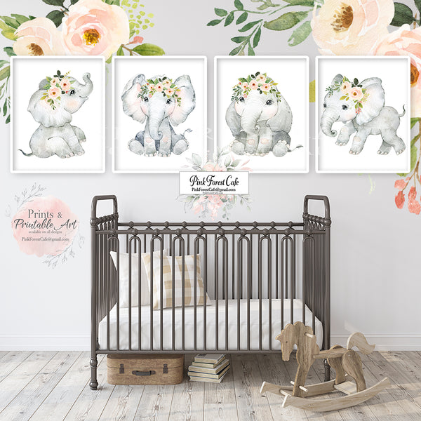 4 Boho Elephant Wall Art Print Baby Girl Nursery Whimsical Zoo Safari Animal Watercolor Printable Décor