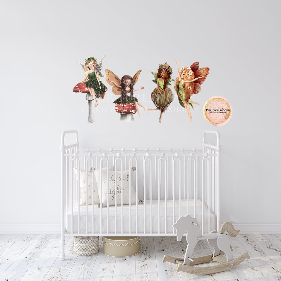 4 Fairy Garden Woodland Fairies Wall Decal Sticker Set Boho Decals Decor