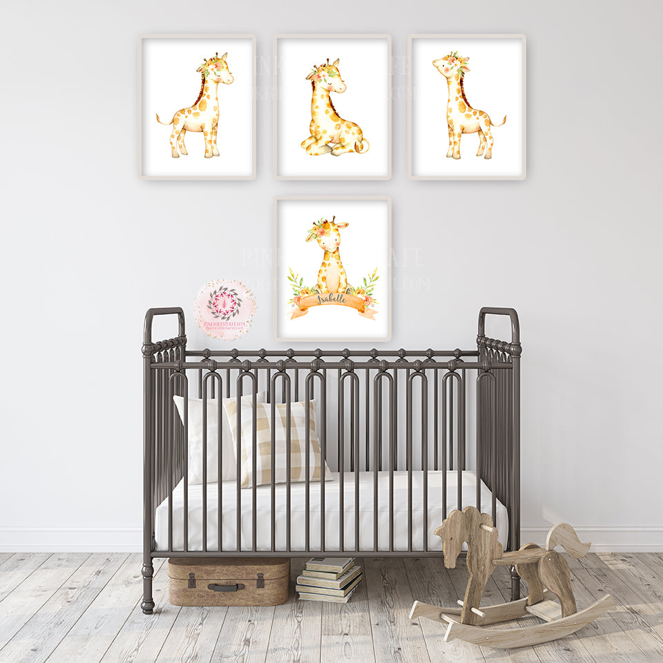 4 Giraffe Wall Art Print Zoo Nursery Baby Name Personalized Whimsical Jungle Safari Animal Set Lot Prints Printable Decor