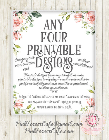 Choose Any FOUR Printable Wall Art Print Designs - Mix Or Match - From Pink Forest Cafe