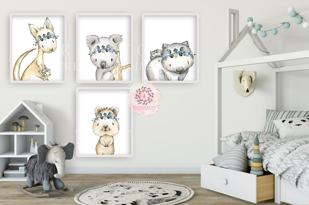 4 Koala Bear Wombat Quokka Kangaroo Wall Art Print Woodland Nursery Baby Girl Boy Gender Neutral Room Eucalyptus Watercolor Australian Animal Printable Decor