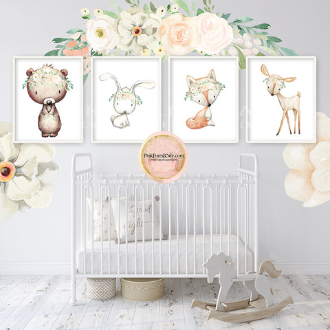 SALE 4 Deer Fox Bunny Rabbit Bear Wall Art Print Woodland Boho Bohemian Floral Nursery Baby Girl Room Printable Decor