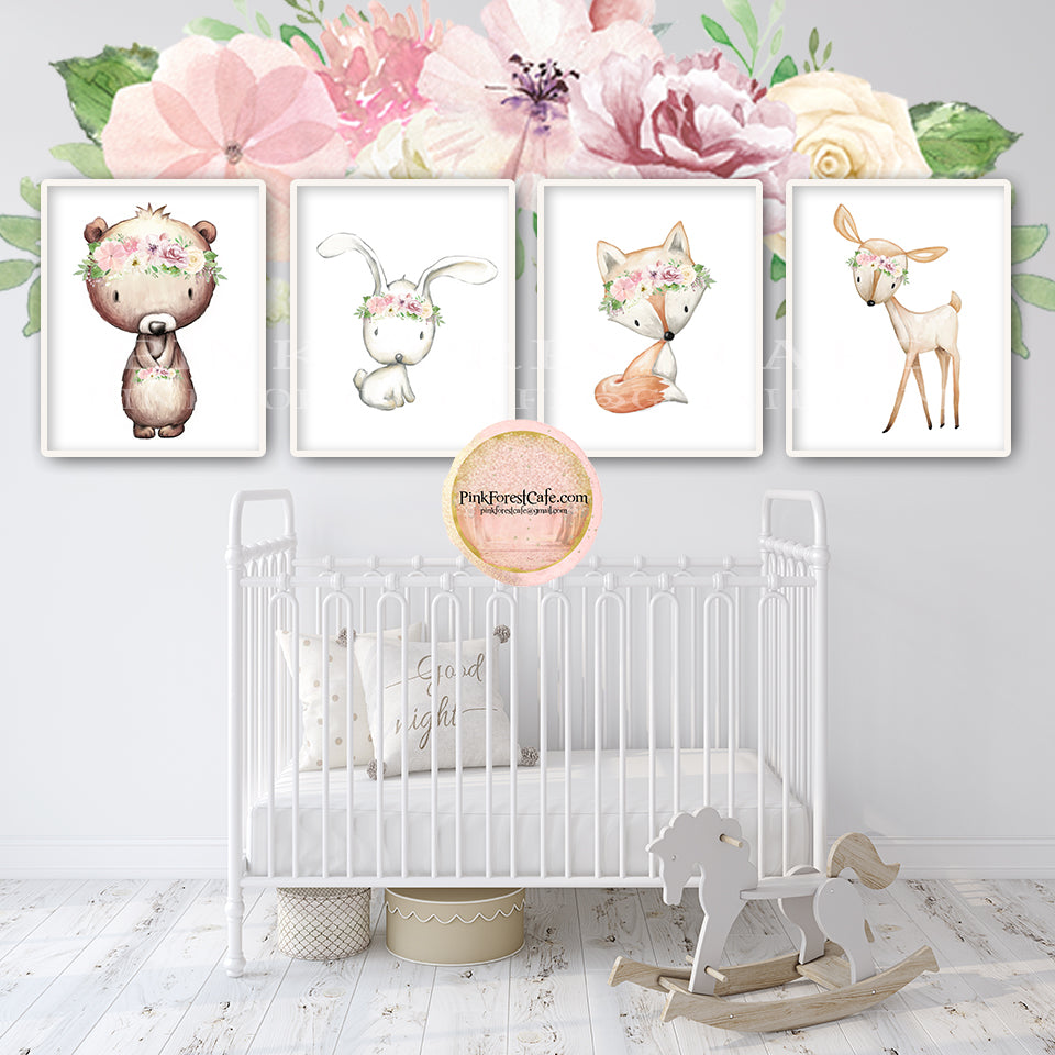 SALE 4 Deer Fox Bunny Rabbit Bear Wall Art Print Woodland Boho Bohemian Floral Nursery Baby Girl Room Printable Decor