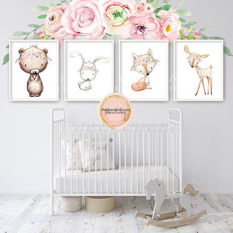 SALE 4 Deer Fox Bunny Rabbit Bear Wall Art Print Woodland Boho Bohemian Floral Nursery Baby Girl Room Printable Decor