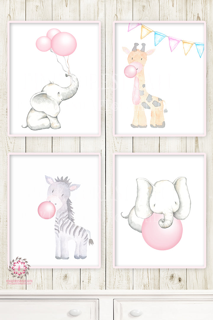 4 Zoo Elephant Giraffe Zebra Pink Bubble Gum Wall Art Print Baby Nursery Ethereal Whimsical Animal Set Lot Prints Printable Decor