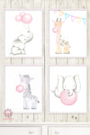 4 Zoo Elephant Giraffe Zebra Pink Bubble Gum Wall Art Print Baby Nursery Ethereal Whimsical Animal Set Lot Prints Printable Decor