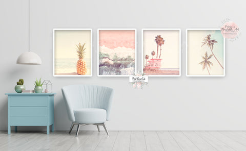 4 Pink Ocean + Beach Palm Tree Wall Art Print Bedroom Beachy Vintage Retro Vibe Printable Gallery Decor