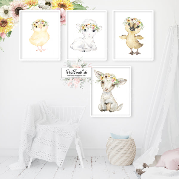 4 Boho Baby Goat Duck Chicken Lamb Wall Art Print Farm Nursery Baby Room Watercolor Printable Decor