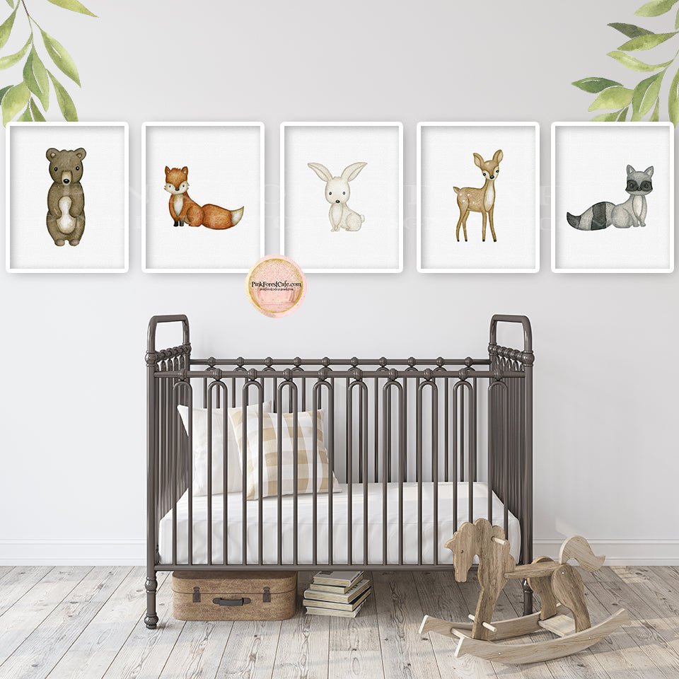 5 Bunny Bear Fox Deer Wall Art Print Woodland Watercolor Baby Nursery Printable Prints Set Decor