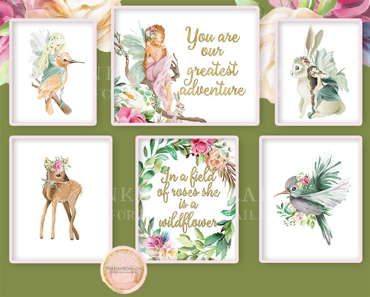 6 Fairy Print Baby Girl Nursery Wall Art Print Ethereal Enchanted Garden Fairies Bird Whimsical Bohemian Prints Printable Decor