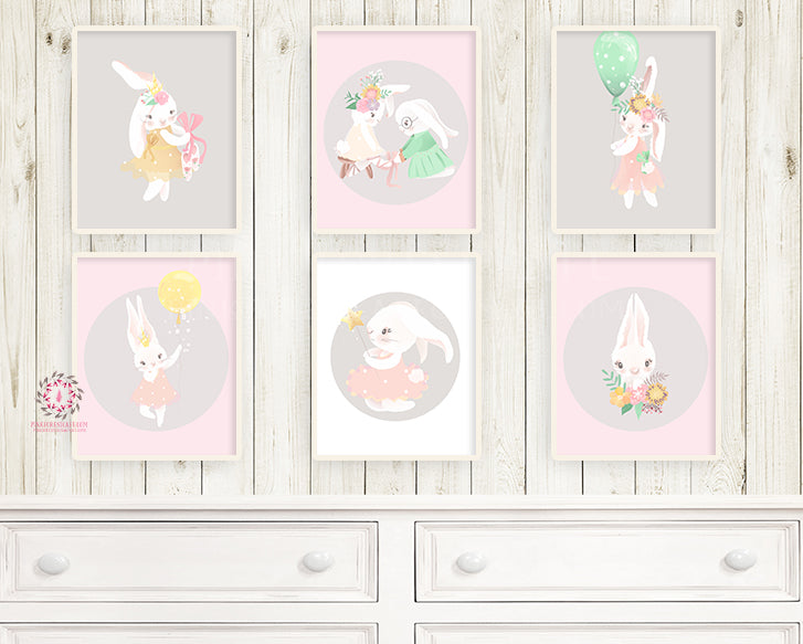 6 Boho Bunny Baby Girl Nursery Wall Art Print Ethereal Bunnies Whimsical Bohemian Floral Woodland Animal Printable Rabbit Decor