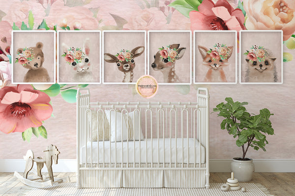 6 Deer Fox Bunny Rabbit Bear Boho Wall Art Print Woodland Bohemian Floral Nursery Baby Girl Room Set Lot Prints Printable Decor