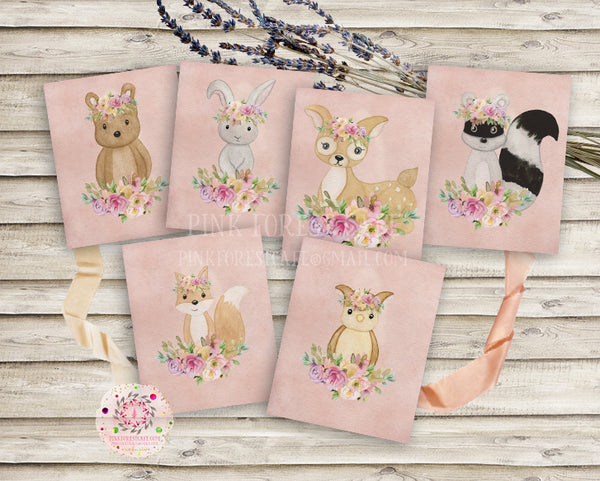 6 Boho Woodland Fox Deer Bunny Bear Blush Wall Art Print Baby Girl Ethereal Nursery Room Watercolor Owl Raccoon Printable Decor