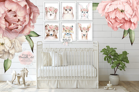 SALE 6 Boho Blush Peony Deer Bear Fox Wall Art Print Hedgehog Baby Girl Nursery Room Floral Watercolor Printable Decor