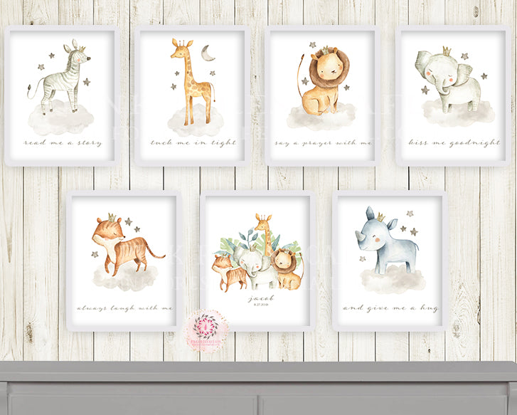 7 Safari Zoo Elephant Wall Art Print Baby Boy Nursery Giraffe Zebra Rhino Lion Tiger Kiss Me Goodnight Personalized Name Moon Stars Whimsical Animal Watercolor Printable Decor