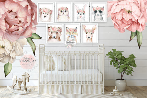 SALE 7 Boho Blush Peony Deer Bear Fox Wall Art Print Hedgehog Baby Girl Nursery Room Floral Watercolor Printable Decor