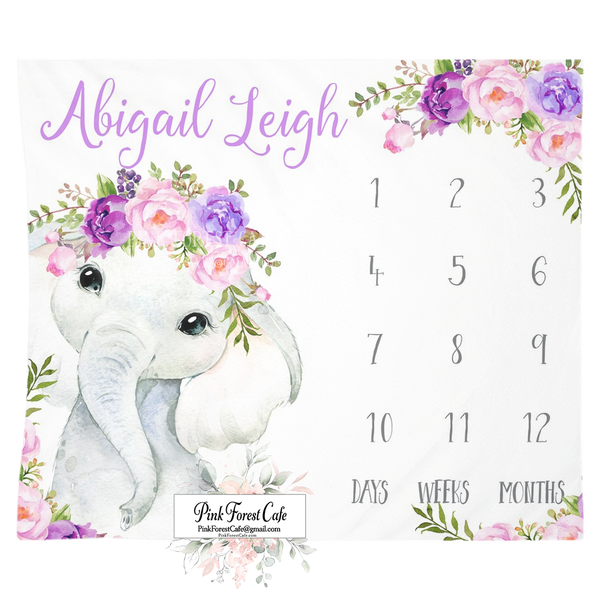 Milestone Personalized Blanket Elephant Purple Peonies Baby Girl Month Monthly Infant Growth Watercolor Peony Photo Prop