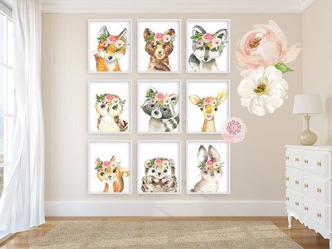 SALE 9 Boho Fox Bear Deer Bunny Wall Art Print Woodland Floral Nursery Baby Girl Room Hedgehog Wolf Squirrel Owl Raccoon Blush Floral Bohemian Watercolor Set Prints Printable Decor