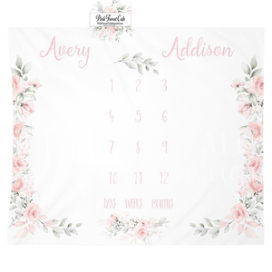 Twins Twin Girls Milestone Personalized Blanket Baby Girl Blush Boho Month Monthly Infant Growth Watercolor Peony Photo Prop