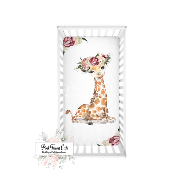 Giraffe Watercolor Baby Girl Nursery Crib Sheet Peony Peonies Bedding