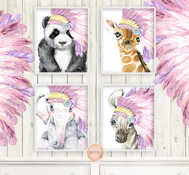 4 Headdress Feather Tribal Elephant Wall Art Print Baby Girl Nursery Pink Purple Panda Giraffe Zebra Boho Whimsical Zoo Safari Animal Watercolor Printable Decor