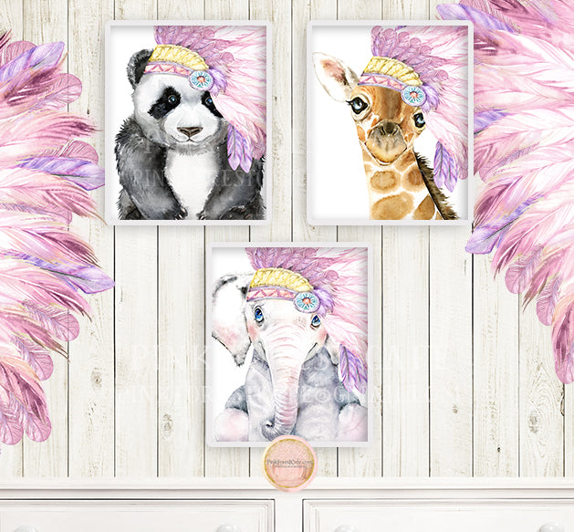 3 Headdress Feather Tribal Elephant Wall Art Print Baby Girl Nursery Pink Purple Panda Giraffe Boho Whimsical Zoo Safari Animal Watercolor Printable Decor