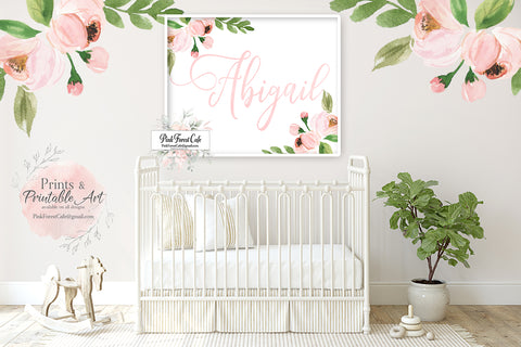 Custom Calligraphy Baby Girl Name Wall Art Print Personalized Gift Peony Blush Roses Nursery Decor