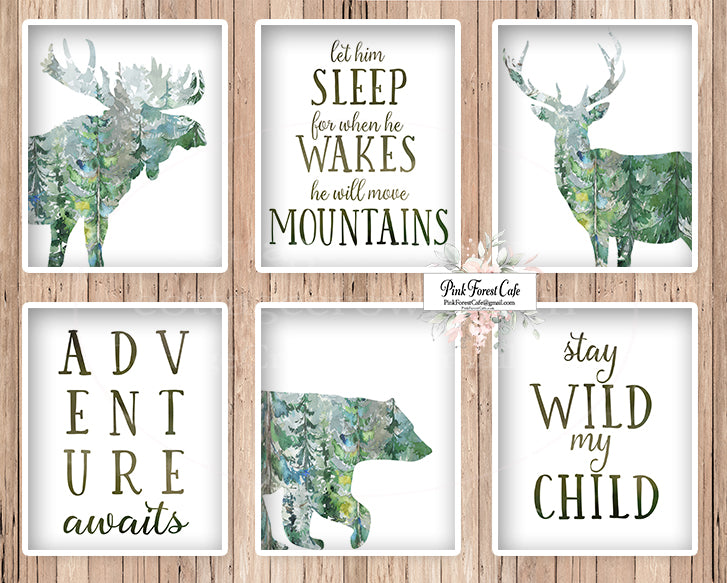 6 Woodland Boy Wall Art Print Forest Pine Trees Nursery Baby Room Set Prints Let Him Sleep Printable Décor