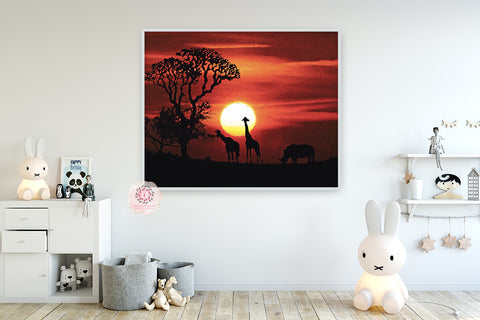 Giraffe Rhino African Safari Sunset Wall Art Print Baby Nursery Zoo Animal Printable Decor