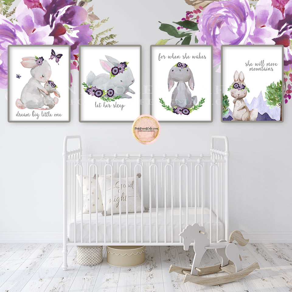 4 Bunny Rabbit Boho Nursery Wall Art Print Purple Baby Watercolor Floral Girl Room Prints Bohemian Printable Decor
