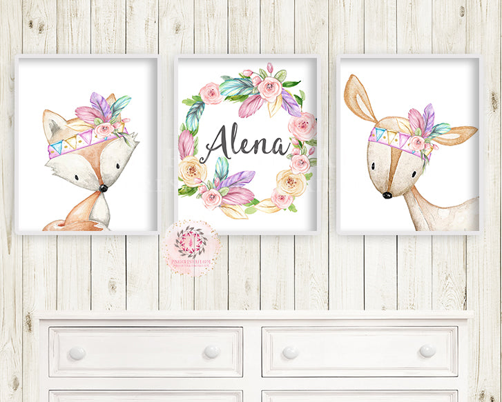 3 Boho Deer Fox Baby Name Wall Art Print Woodland Nursery Baby Girl Feather Tribal Rainbow Room Set Lot Watercolor Personalized Birth Stats Prints Printable Decor